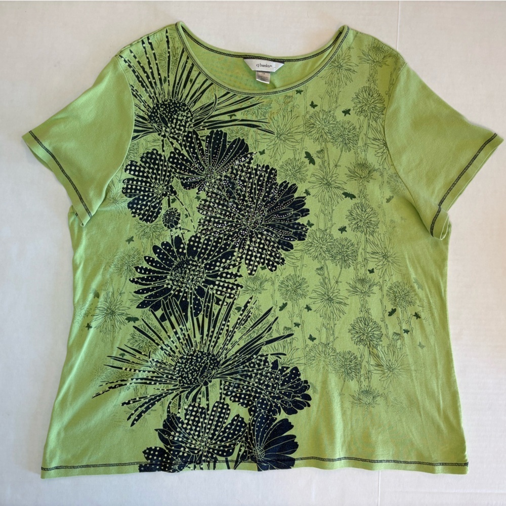 CJ Banks women’s short sleeve 100% cotton shirt green floral rhinestones size 1X